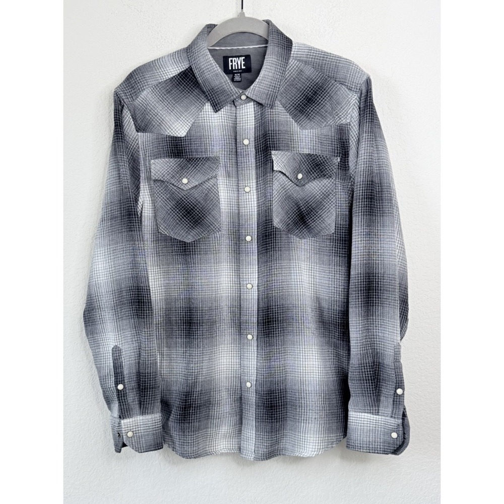 Frye Western Shirt Men's M Gray Black Plaid Pearl Snap Cowboy Ranch Workwear
